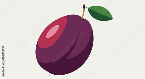 A single ripe plum with a green leaf isolated on a white background.