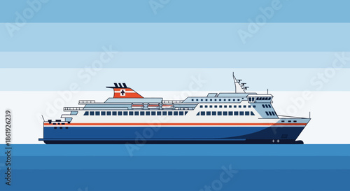 Stylized illustration of a modern ferry sailing on a blue sea.