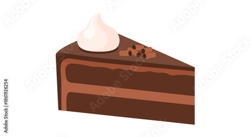 A slice of decadent chocolate cake with whipped cream and chocolate curls.