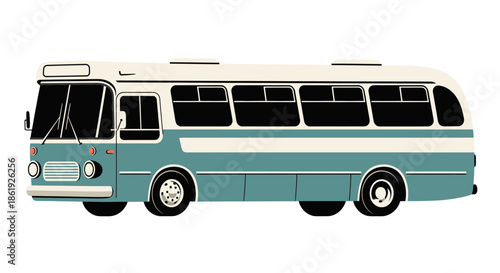 Vintage blue and white bus with clean lines, isolated on white.
