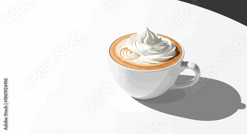 White cup of coffee with latte art and whipped cream on white table