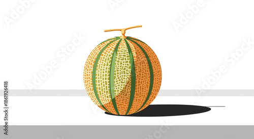 A single cantaloupe melon on a white background with shadow