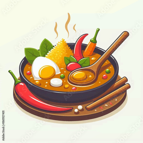 Bowl of soup with chili peppers herbs egg and rice served on a wooden platter with chopsticks