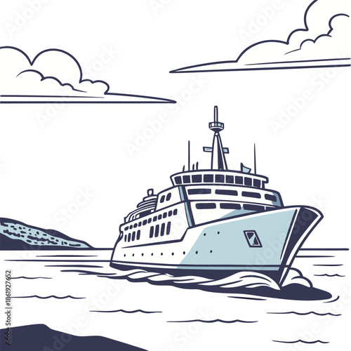 A luxury white cruise ship and passenger ferry vessel navigate the calm blue ocean water for a summer vacation travel transport towards the harbor port