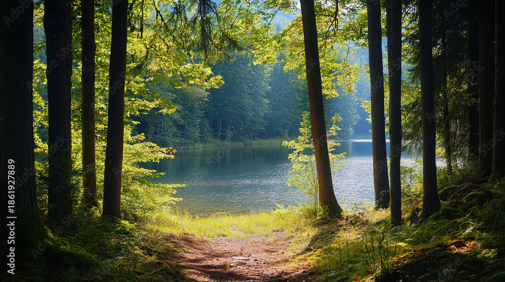 Obraz premium You hike through the forest, arriving at a small clearing by the lake. The air is fresh, and the view is serene. What activities or quiet moments do you enjoy here?