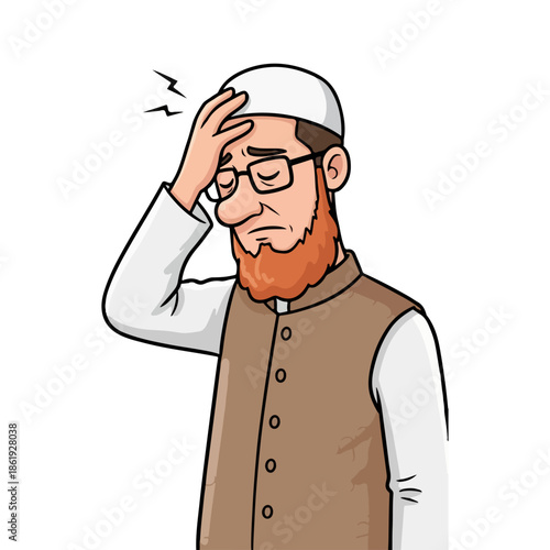 Worried Muslim Man Holding His Head – Cartoon Illustration