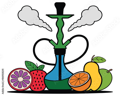 Vibrant hookah with aromatic fruit flavors and swirling smoke for relaxation