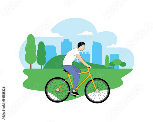 Man enjoys a refreshing bicycle ride through a vibrant park with city skyline backdrop