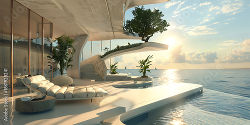 Futuristic Oceanfront Terrace at Sunset