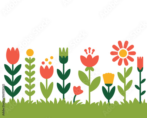 Vibrant and colorful blooming flowers with green stems and leaves on a grassy field