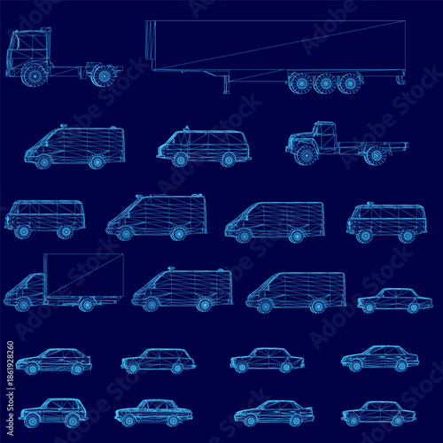 Blueprint wireframe set of various cars and trucks arranged in a grid pattern on a solid blue background. Each vehicle features a unique minimalist design with clean white lines that contrast sharply.