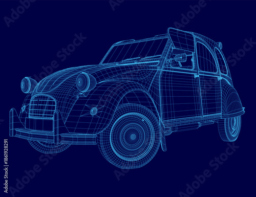 A retro car is presented as a detailed 3D wireframe model on a solid blue background, revealing its iconic mini blueprint design.