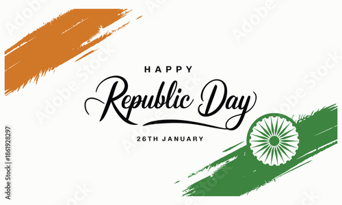 Happy Republic Day of India background with Ashoka Chakra and tricolor brush strokes vector illustration