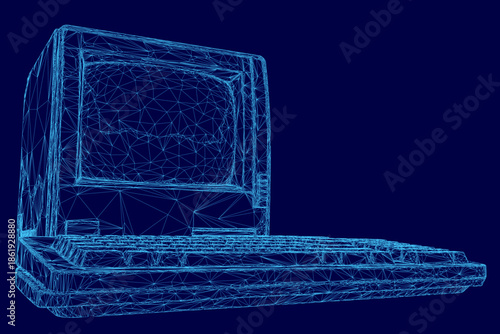A retro computer rendered as a 3D wireframe model stands out against a solid blue background. This conceptual workspace image features a clean and realistic three-dimensional aesthetic.