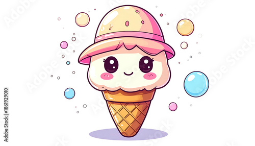 Adorable kawaii ice cream cone cartoon with cute face and floating bubbles