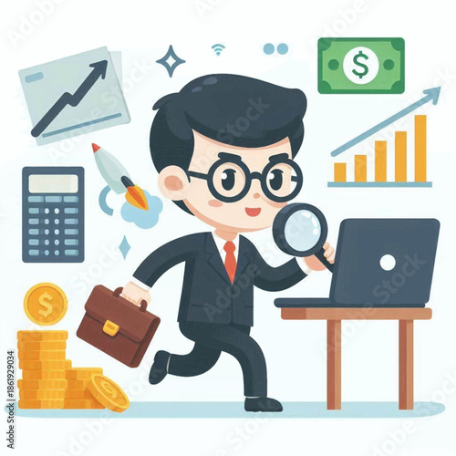 Businessman examines laptop with magnifying glass surrounded by financerelated symbols