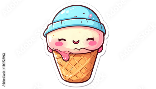 A cheerful cartoon ice cream cone with a smiling face and a light blue beanie