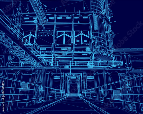 The image shows a blueprint of a large building with a lot of windows, set against a blue background. The building appears to be an oil refinery, with intricate details of the structure visible.