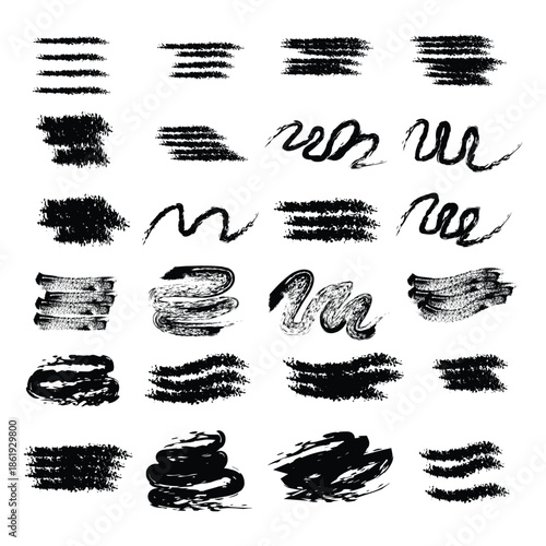 Collection of various black brush strokes and line art techniques on white background