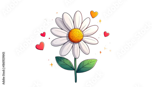 Cartoon daisy with white petals, yellow center, green stem, leaves and hearts on a black background