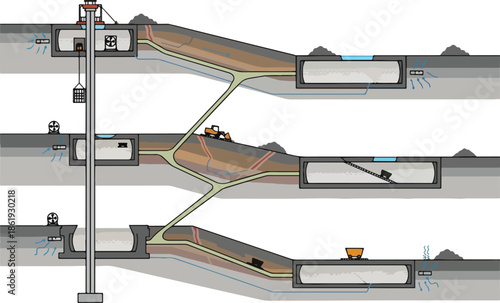 Crosssection diagram illustrating three levels of underground tunneling and mining operations