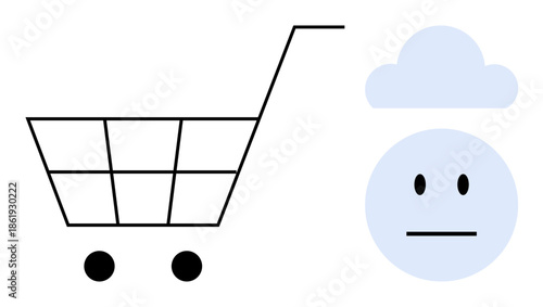 Online shopping, e-commerce, digital services, cloud computing, consumer behavior, simplicity. Minimalist shopping cart and a neutral cloud face. Online shopping and e-commerce themed visual concept