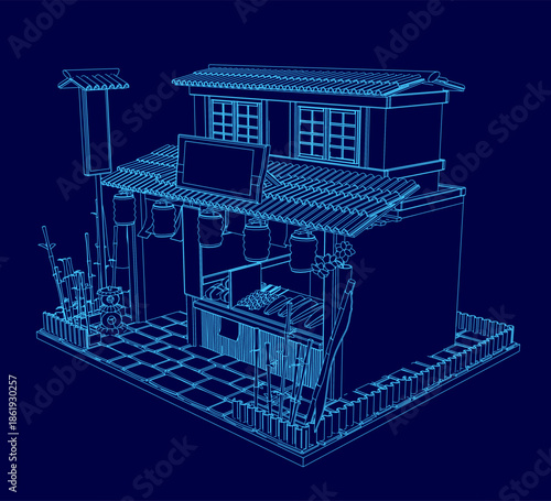 A 3D blueprint-style Japanese restaurant model is realistically rendered with clean contour lines on a solid blue background for architectural or design concepts.