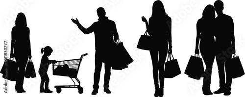 Black Silhouette of Diverse People and Families Carrying Shopping Bags and Cart for Retail Sales Consumerism and Mall Marketing Promotions