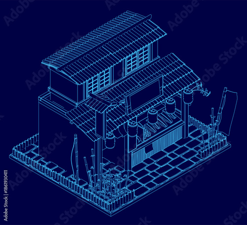 A traditional Japanese house blueprint in 3D, featuring detailed roof lines, walls, and windows on a solid blue background.