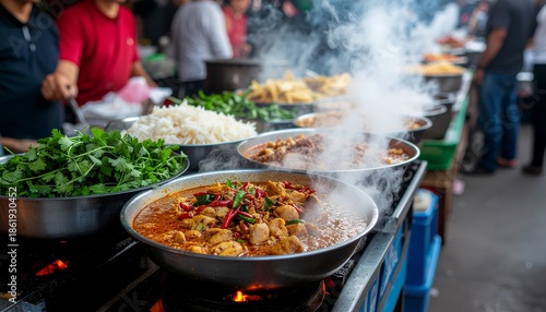 Street Food Cooking on Grill at Market.