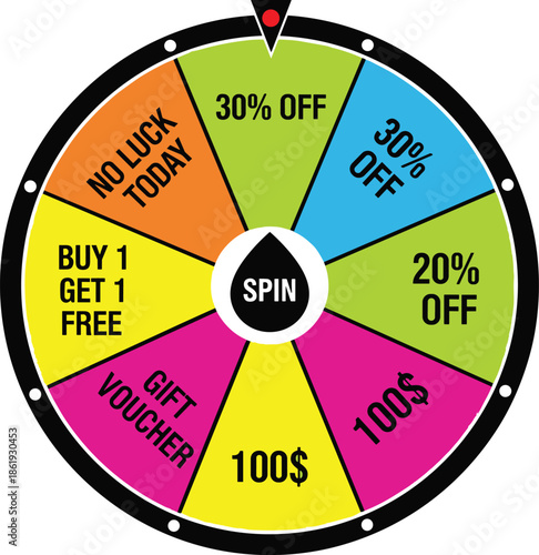 Colorful wheel of fortune with discount offers including thirty percent off and gift vouchers for online marketing promotion and gambling games.