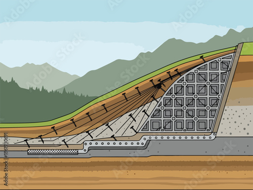 Crosssection diagram of a reinforced soil slope stabilization structure