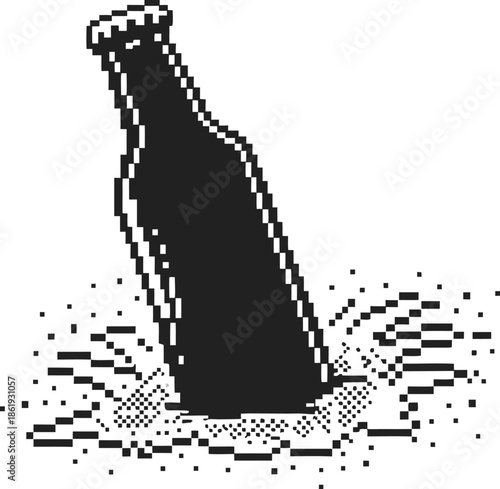Pixel art illustration of a bottle splashing into water with dynamic splash effects