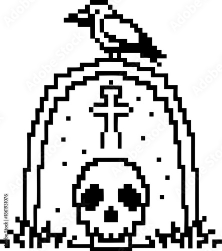 Pixel art grave with cross tombstone, skull and crow retro halloween cemetery illustration