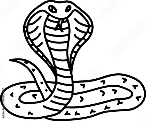 Black and white illustration of a cobra snake with raised hood and coiled body