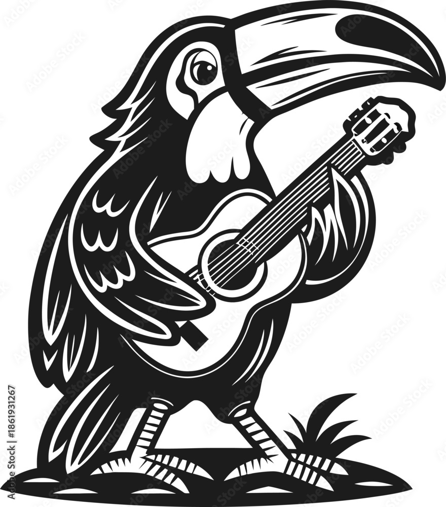 Fototapeta premium Toucan playing guitar illustration tropical bird holding musical instrument with feathers and beak details