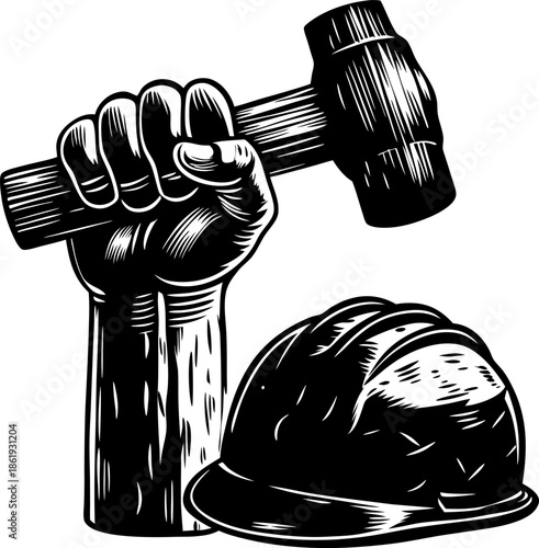 Strong hand holding sledgehammer with construction helmet symbolizing strength and labor