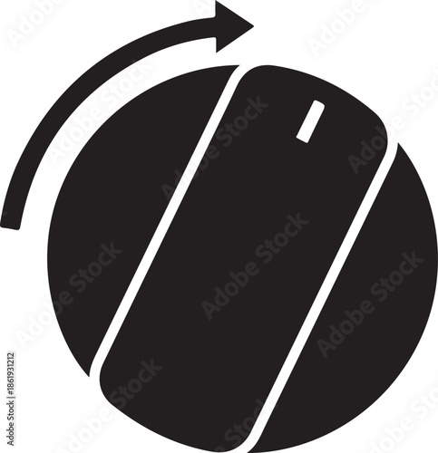 A black and white icon of a rotating sphere with an arrow
