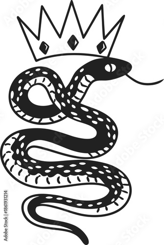 Black snake with crown coiled serpent illustration with tongue out, royal symbol of power and authority, graphic tattoo design element