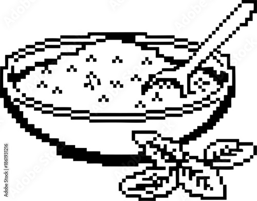 Pixel art bowl filled with grain and spoon, simple retro digital illustration with basil leaves beside it