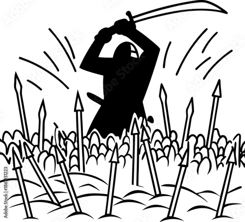 Silhouetted warrior raising sword amid field of flying spears in intense battle scene