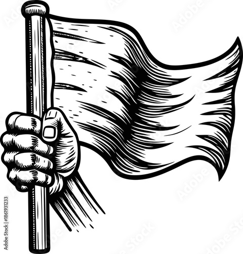 Hand holding a waving blank flag on pole, symbol of surrender, peace, or neutrality illustration