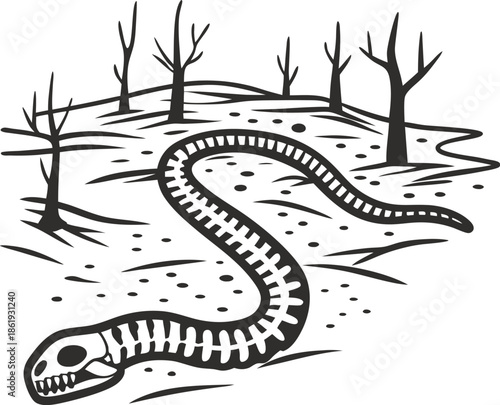 Snake skeleton slithering across barren landscape with dead trees and dry soil, eerie desert scene