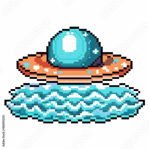 Pixel art ufo spaceship with glowing blue dome flying over water waves in retro video game