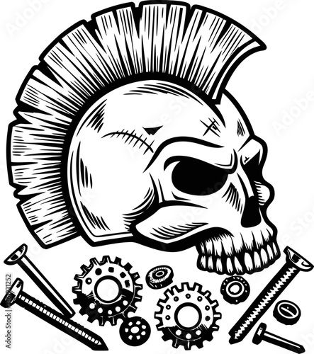 Skull with mohawk helmet surrounded by gears and screws in monochrome vintage