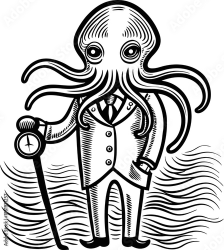 Octopus man in suit holding cane with clock, vintage engraving illustration of anthropomorphic sea creature in formal attire