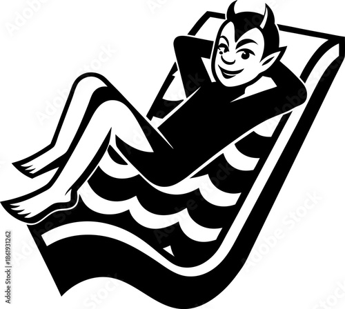Relaxed devil reclining on lounge chair with waves pattern, smiling and resting peacefully