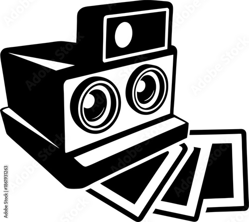 Instant camera with film photos, vintage concept, retro camera and picture prints illustration