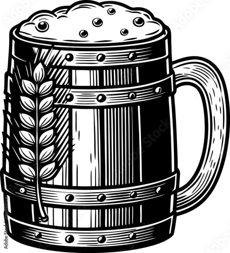 Rustic wooden beer mug with frothy foam and grain spike vintage illustration, beverage and brewery concept