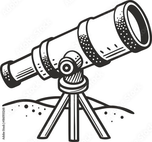 Vintage telescope on tripod stand for astronomy and stargazing, classic space observation equipment illustration